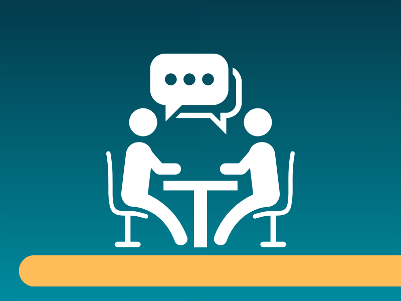 Graphic of two people talking at a table